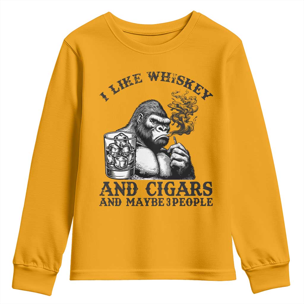 I Like Whiskey and Cigars and Maybe 3 People Youth Sweatshirt Funny Bigfoot Drinking and Cigarette Anti-Social Humor