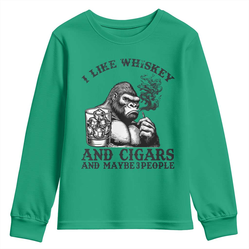 I Like Whiskey and Cigars and Maybe 3 People Youth Sweatshirt Funny Bigfoot Drinking and Cigarette Anti-Social Humor