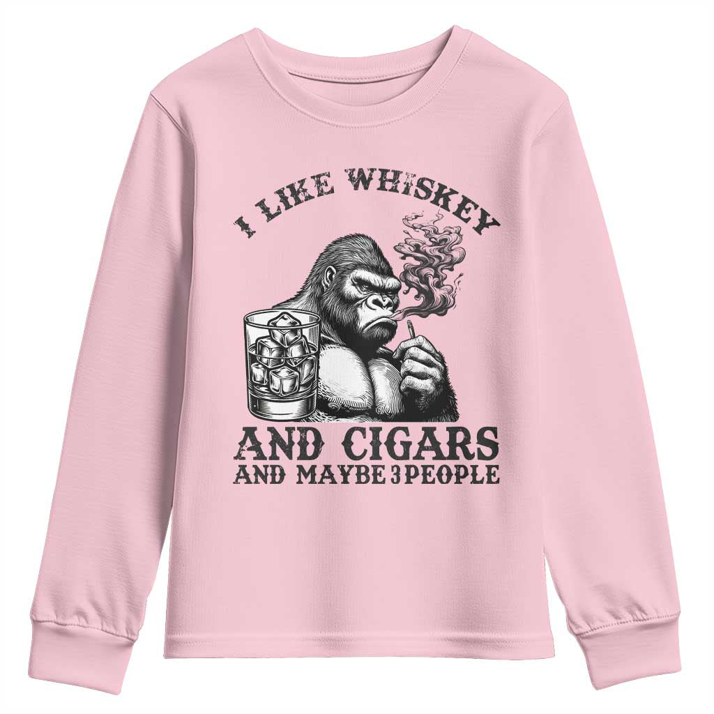 I Like Whiskey and Cigars and Maybe 3 People Youth Sweatshirt Funny Bigfoot Drinking and Cigarette Anti-Social Humor