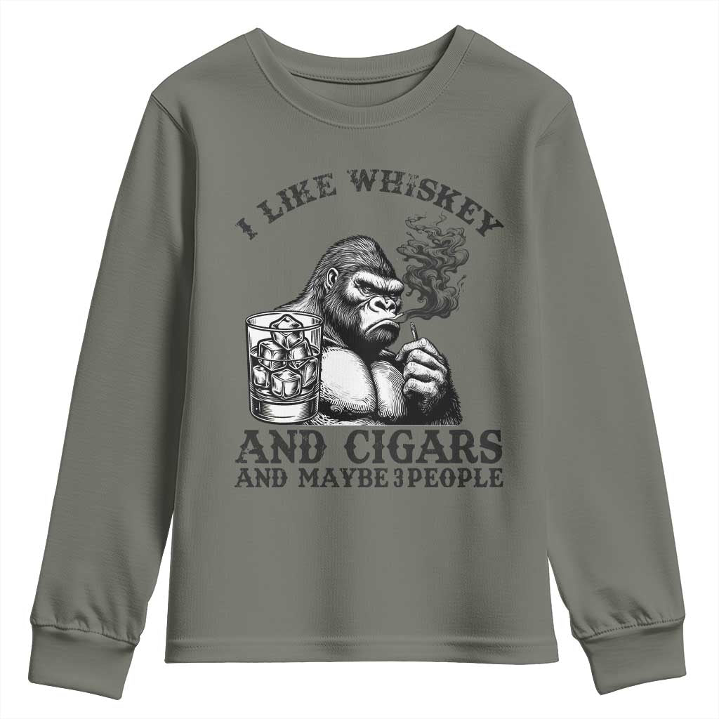 I Like Whiskey and Cigars and Maybe 3 People Youth Sweatshirt Funny Bigfoot Drinking and Cigarette Anti-Social Humor