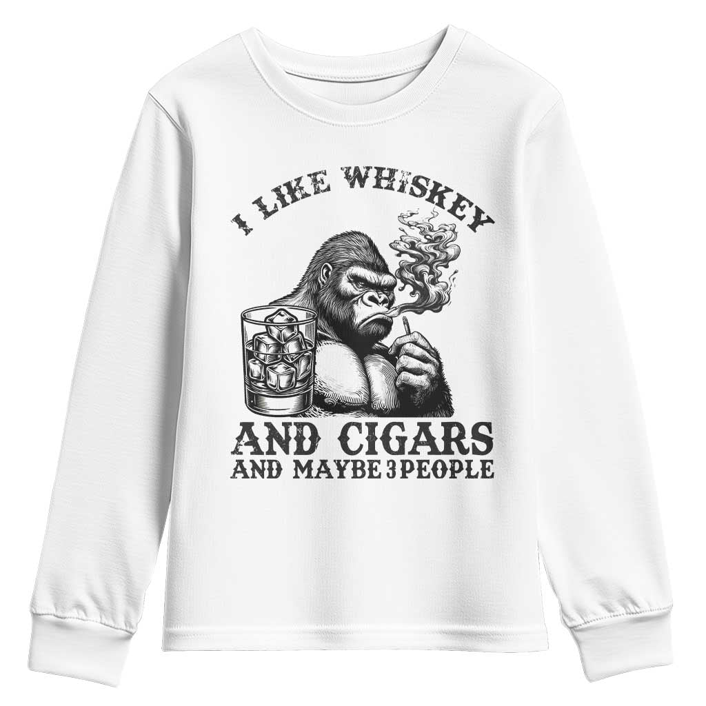 I Like Whiskey and Cigars and Maybe 3 People Youth Sweatshirt Funny Bigfoot Drinking and Cigarette Anti-Social Humor
