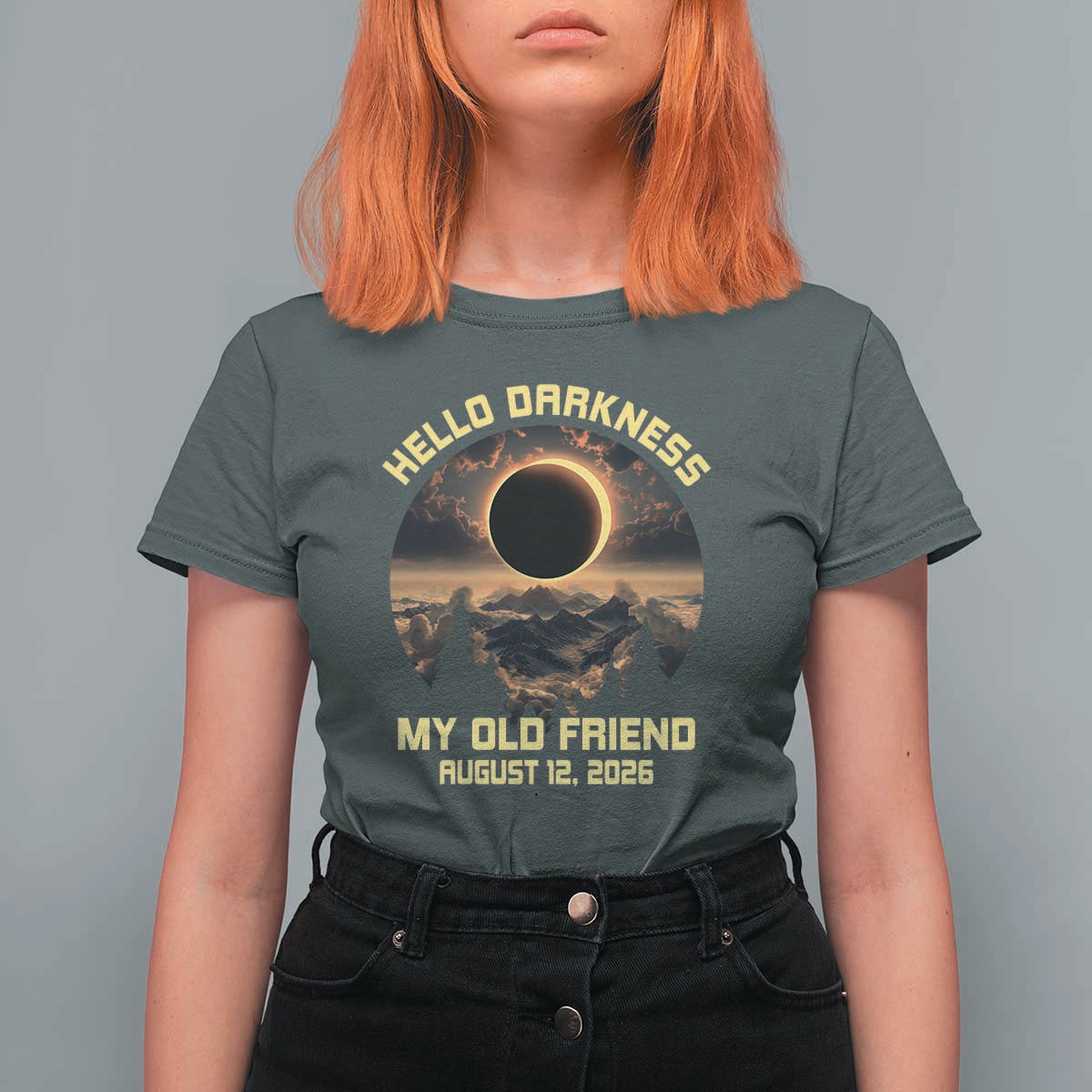 Hello Darkness My Old Friend August 12 2026 T Shirt For Women Total Solar Eclipse Humorous Astronomy Gift