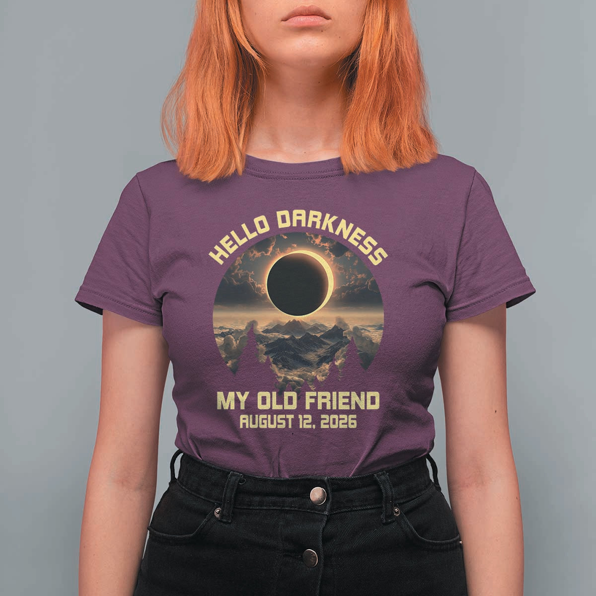 Hello Darkness My Old Friend August 12 2026 T Shirt For Women Total Solar Eclipse Humorous Astronomy Gift