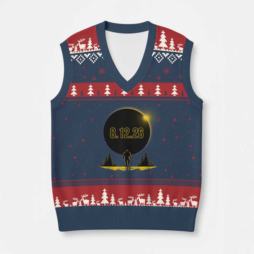 Bigfoot August 12 2026 Total Solar Eclipse V-Neck Knit Sweater Vest Totality Sasquatch Cryptid Stargazer Memorabilia
