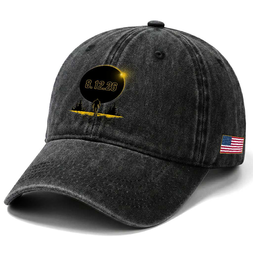 Bigfoot August 12 2026 Total Solar Eclipse Washed Cotton Baseball Cap Totality Sasquatch Cryptid Stargazer Memorabilia