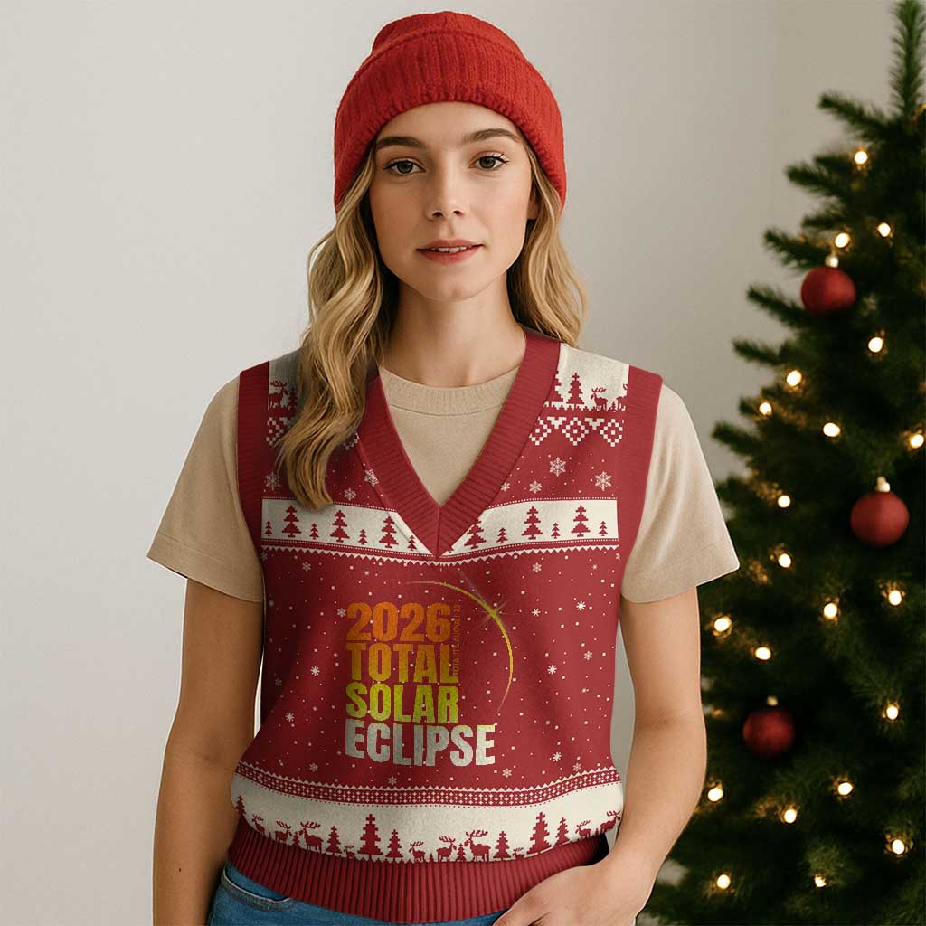 2026 Total Solar Eclipse August 12 V-Neck Knit Sweater Vest Totality Modern Space Graphic