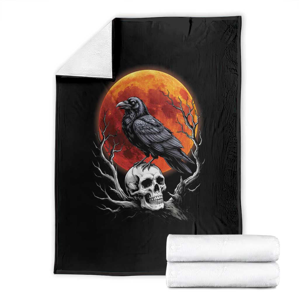 Gothic Raven on Skull Blood Moon Throw Blanket Spooky Halloween Macabre Dark Art Graphic