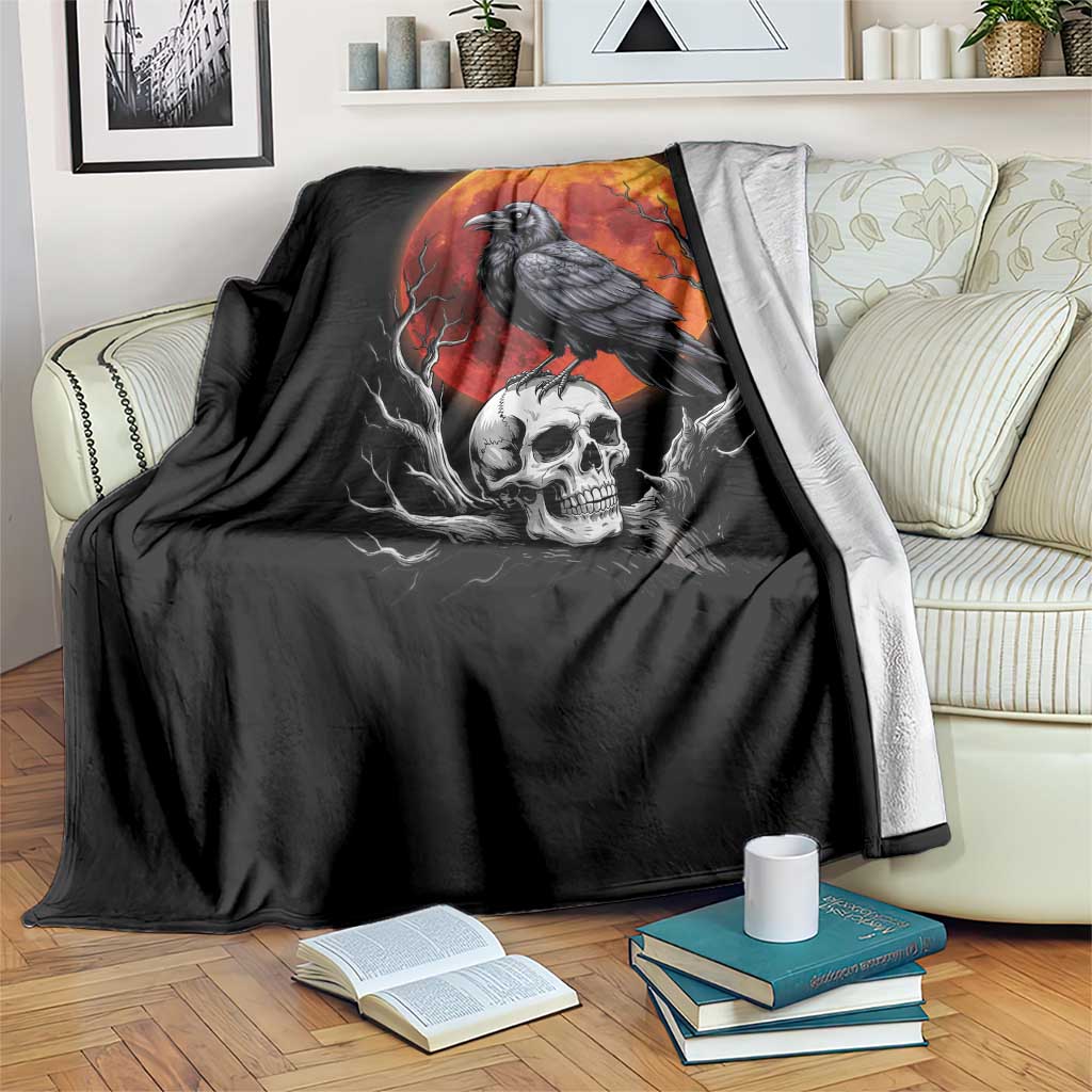 Gothic Raven on Skull Blood Moon Throw Blanket Spooky Halloween Macabre Dark Art Graphic