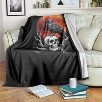 Gothic Raven on Skull Blood Moon Throw Blanket Spooky Halloween Macabre Dark Art Graphic