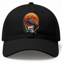 Gothic Raven on Skull Blood Moon Baseball Cap Spooky Halloween Macabre Dark Art Graphic