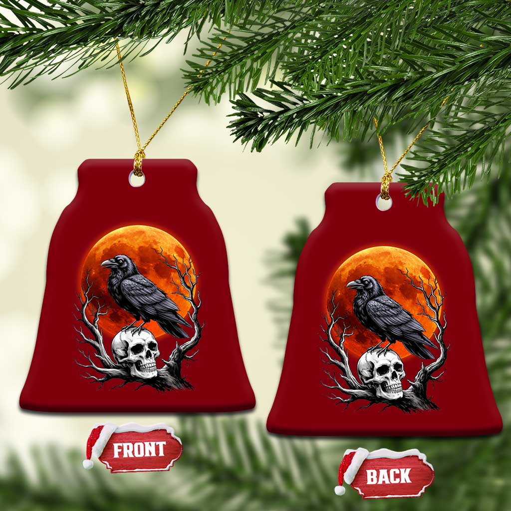 Gothic Raven on Skull Blood Moon Ceramic Ornament Spooky Halloween Macabre Dark Art Graphic