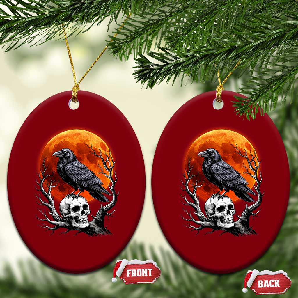 Gothic Raven on Skull Blood Moon Ceramic Ornament Spooky Halloween Macabre Dark Art Graphic