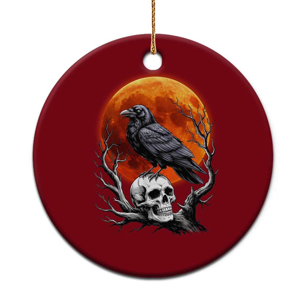 Gothic Raven on Skull Blood Moon Ceramic Ornament Spooky Halloween Macabre Dark Art Graphic