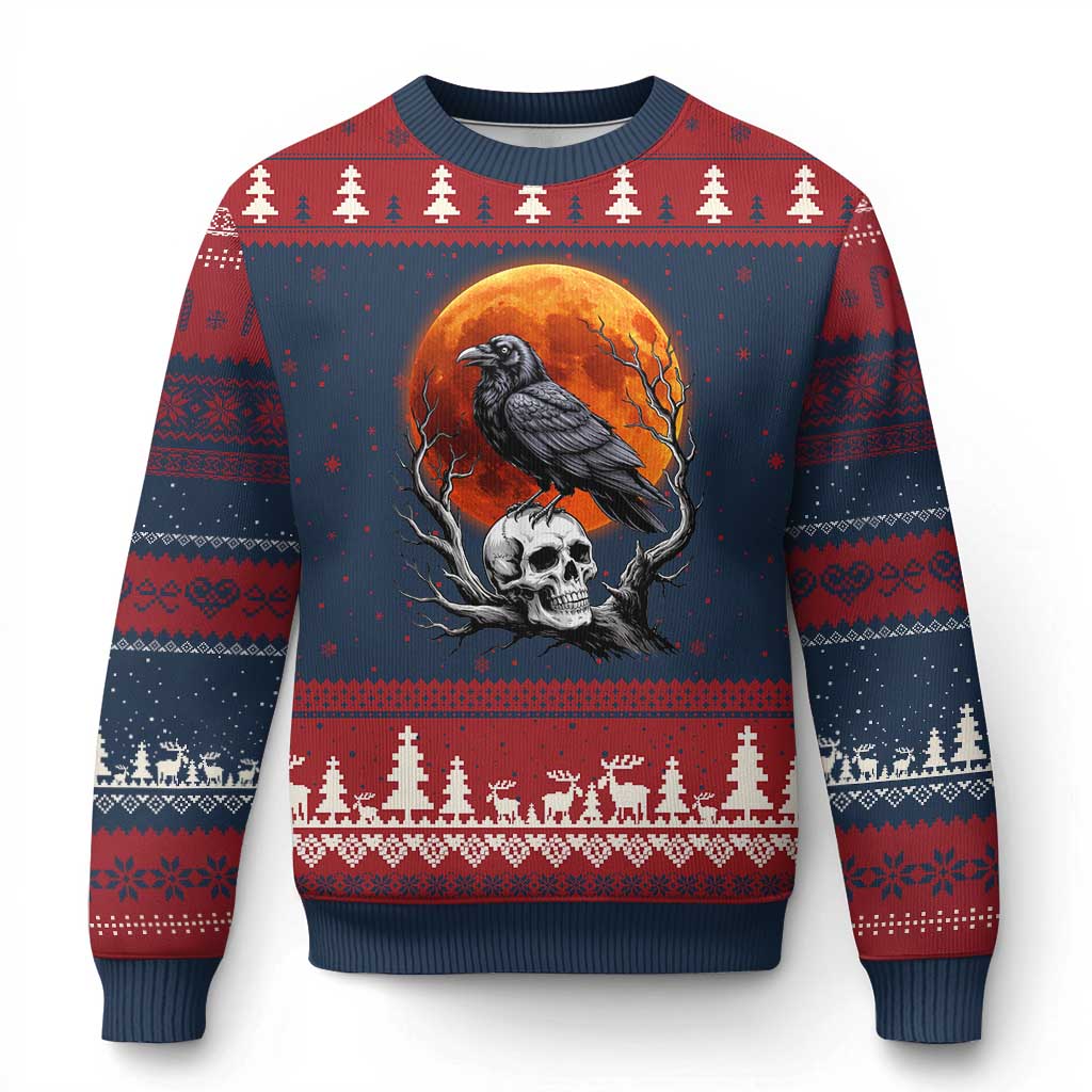 Gothic Raven on Skull Blood Moon Ugly Christmas Sweater Spooky Halloween Macabre Dark Art Graphic