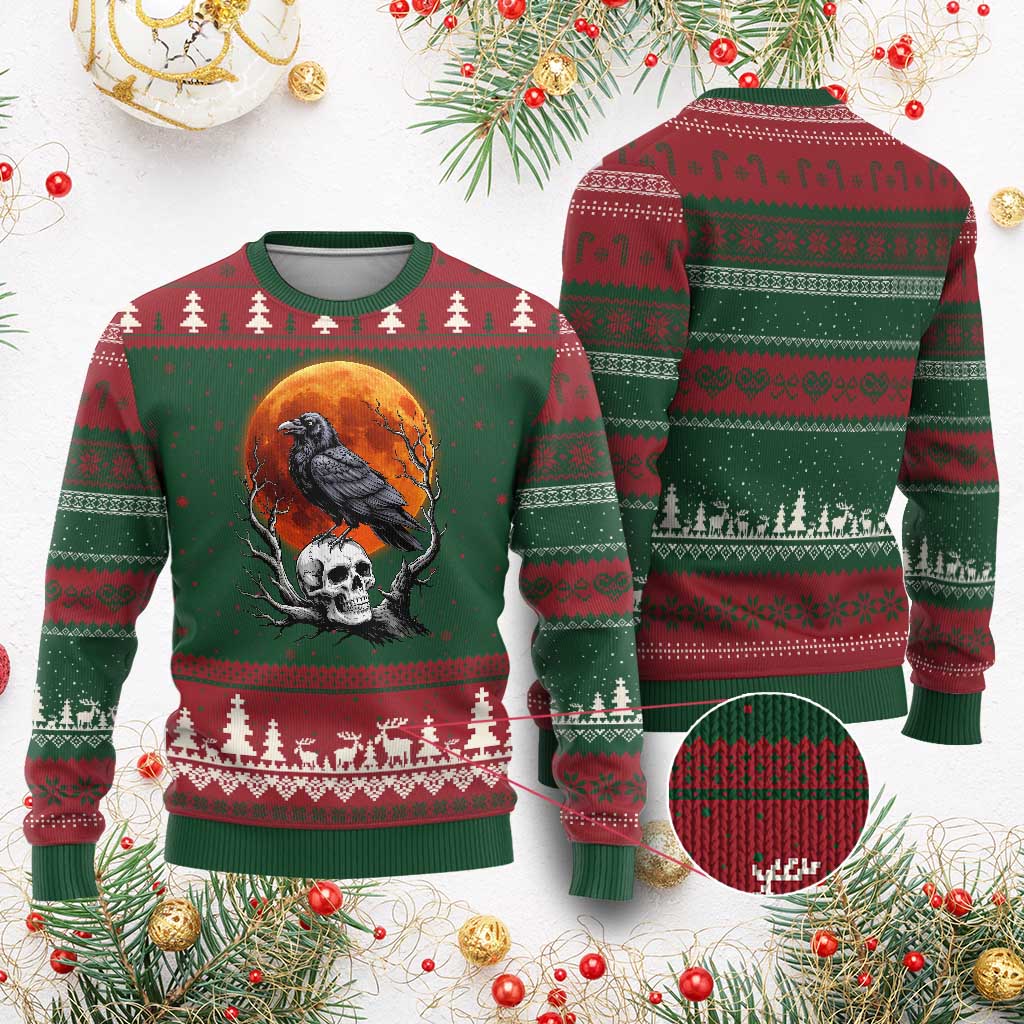 Gothic Raven on Skull Blood Moon Ugly Christmas Sweater Spooky Halloween Macabre Dark Art Graphic
