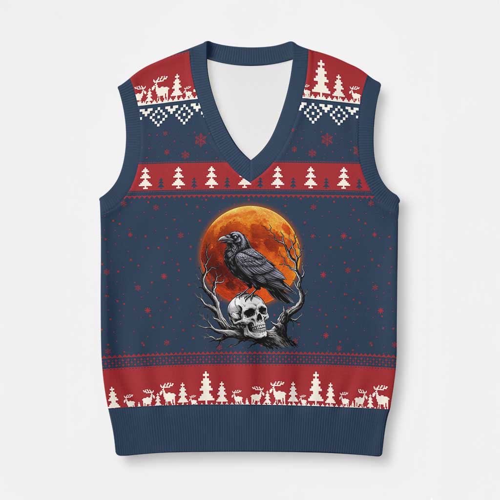 Gothic Raven on Skull Blood Moon V-Neck Knit Sweater Vest Spooky Halloween Macabre Dark Art Graphic