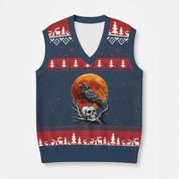 Gothic Raven on Skull Blood Moon V-Neck Knit Sweater Vest Spooky Halloween Macabre Dark Art Graphic