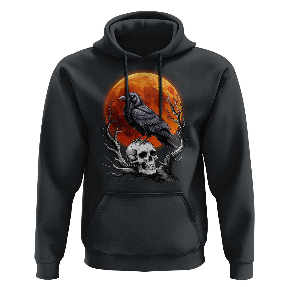 Gothic Raven on Skull Blood Moon Hoodie Spooky Halloween Macabre Dark Art Graphic