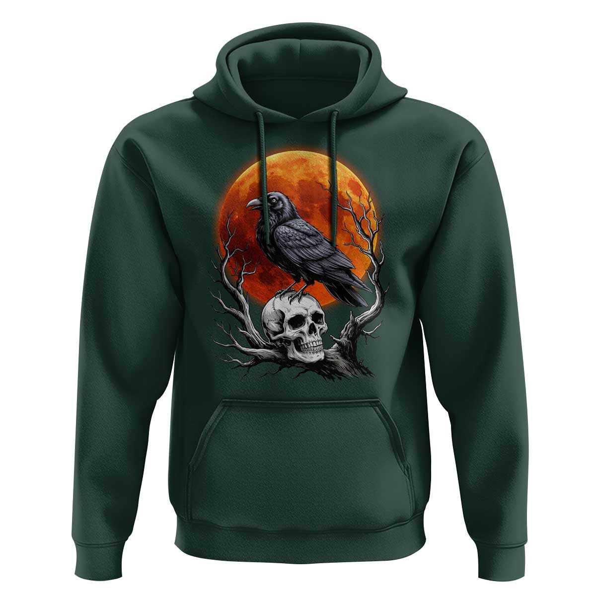Gothic Raven on Skull Blood Moon Hoodie Spooky Halloween Macabre Dark Art Graphic