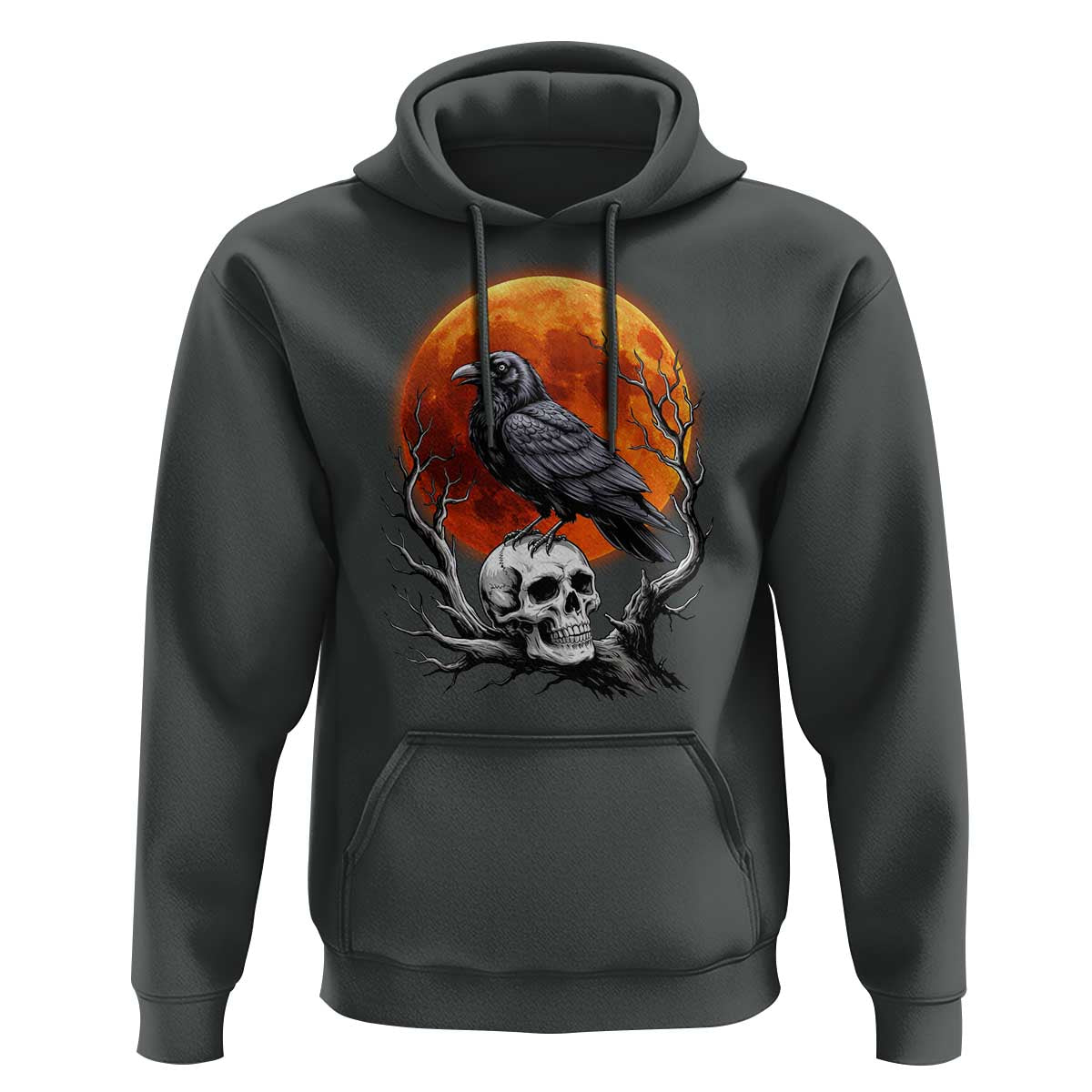 Gothic Raven on Skull Blood Moon Hoodie Spooky Halloween Macabre Dark Art Graphic