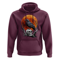 Gothic Raven on Skull Blood Moon Hoodie Spooky Halloween Macabre Dark Art Graphic