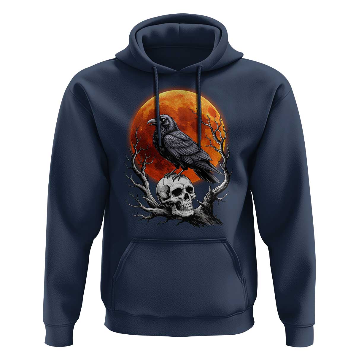 Gothic Raven on Skull Blood Moon Hoodie Spooky Halloween Macabre Dark Art Graphic