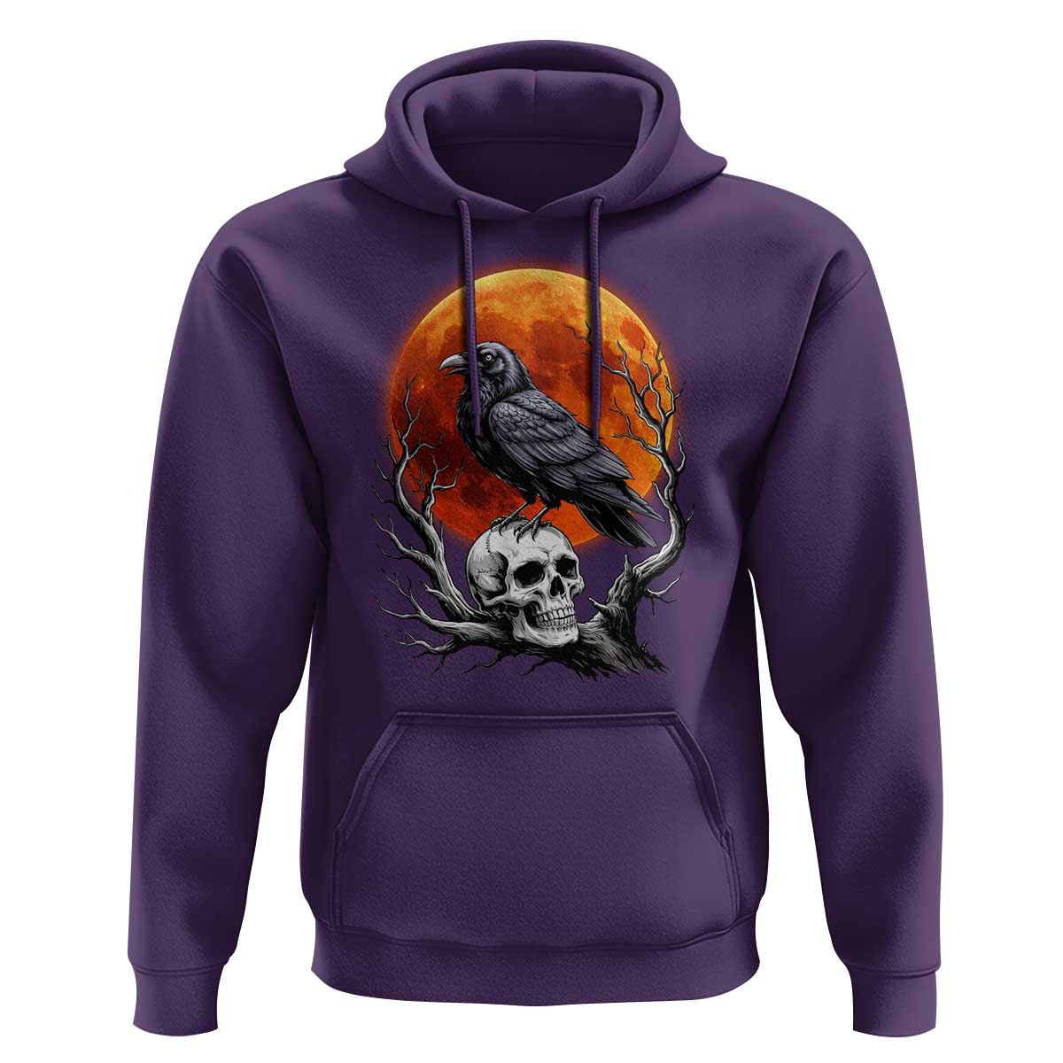 Gothic Raven on Skull Blood Moon Hoodie Spooky Halloween Macabre Dark Art Graphic