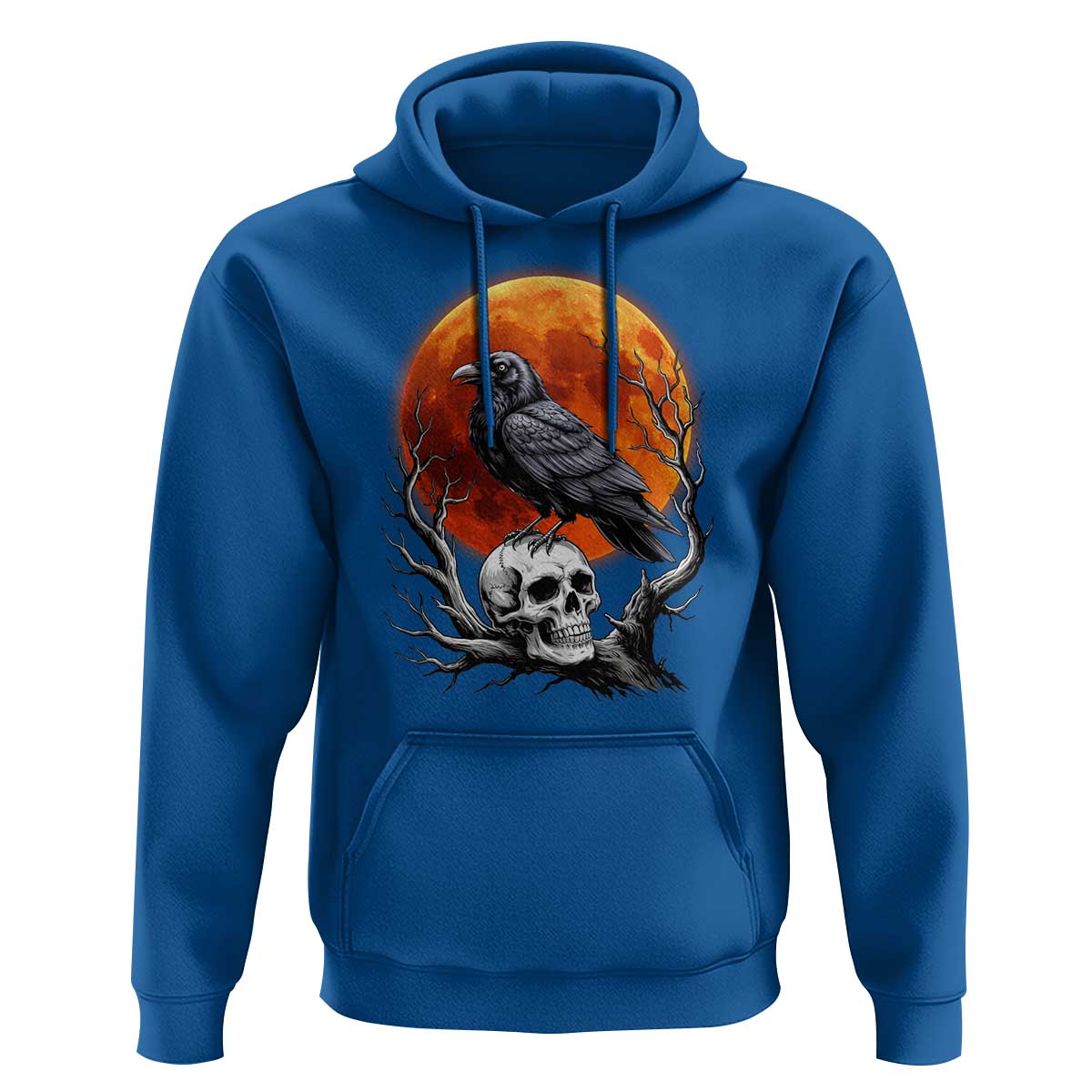 Gothic Raven on Skull Blood Moon Hoodie Spooky Halloween Macabre Dark Art Graphic