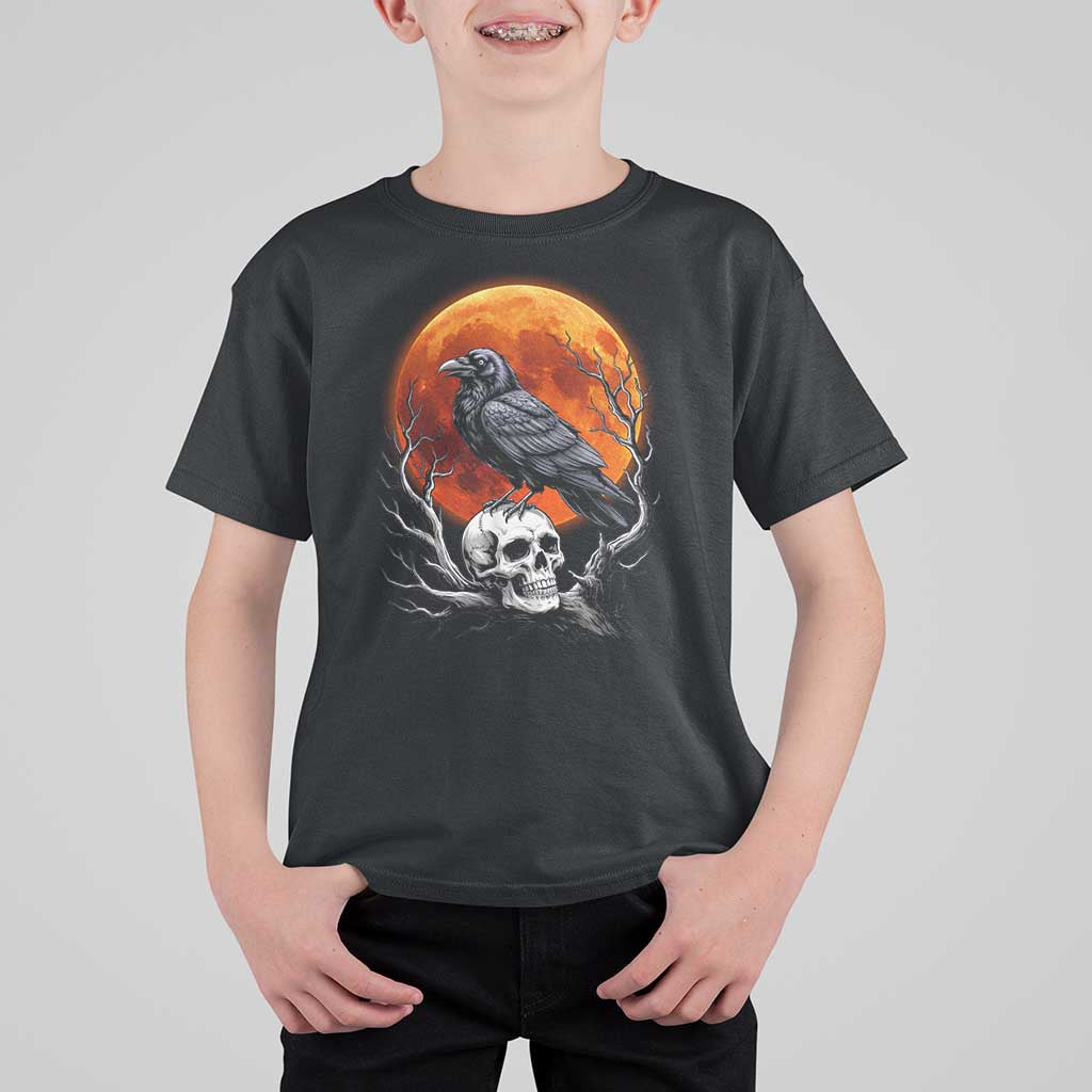 Gothic Raven on Skull Blood Moon T Shirt For Kid Spooky Halloween Macabre Dark Art Graphic