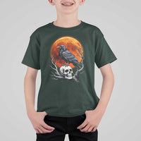 Gothic Raven on Skull Blood Moon T Shirt For Kid Spooky Halloween Macabre Dark Art Graphic