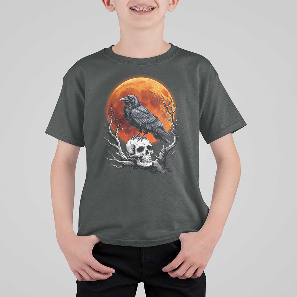 Gothic Raven on Skull Blood Moon T Shirt For Kid Spooky Halloween Macabre Dark Art Graphic