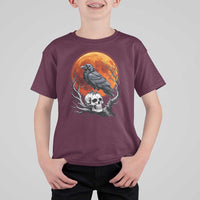 Gothic Raven on Skull Blood Moon T Shirt For Kid Spooky Halloween Macabre Dark Art Graphic