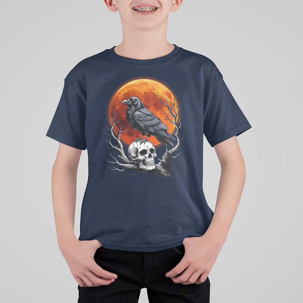 Gothic Raven on Skull Blood Moon T Shirt For Kid Spooky Halloween Macabre Dark Art Graphic