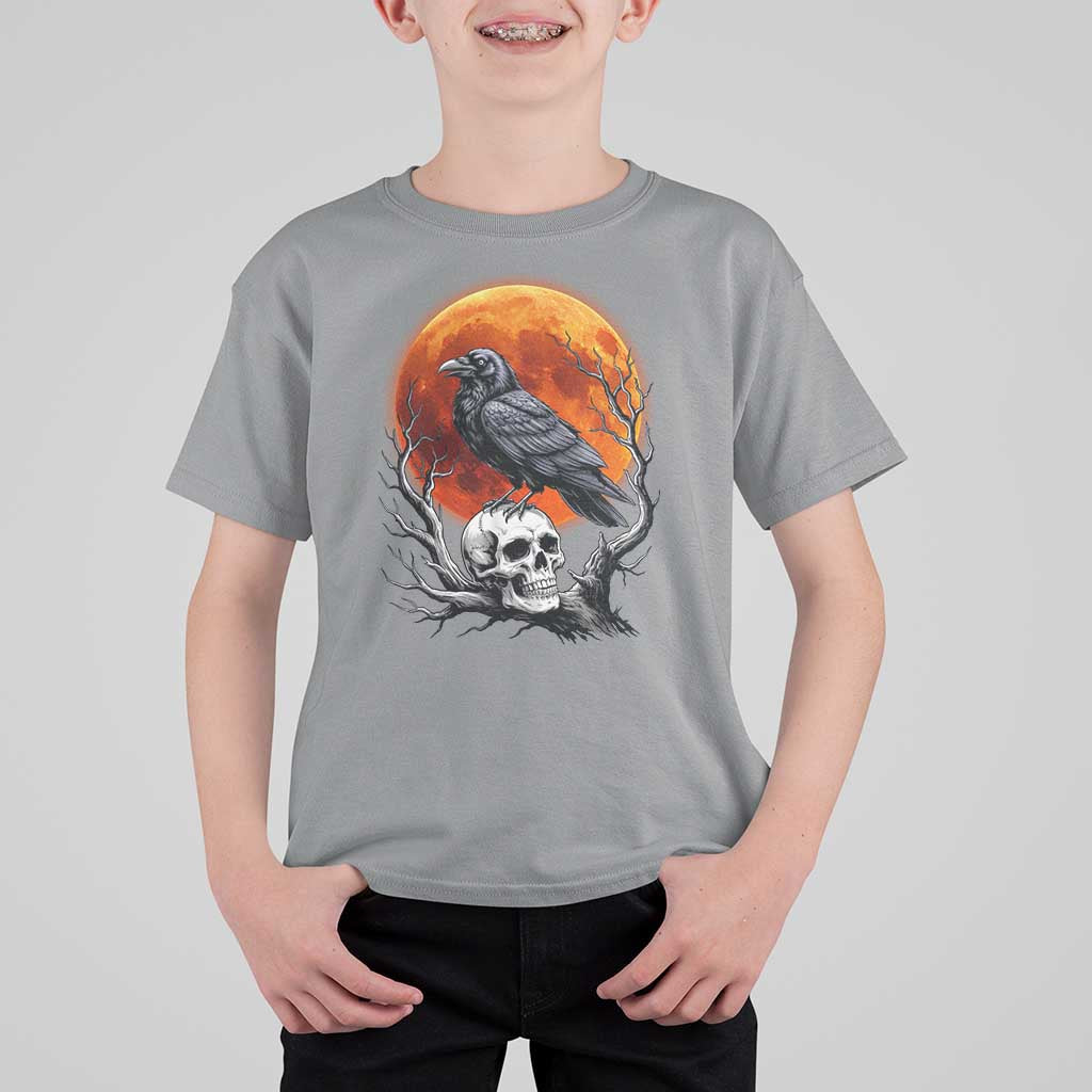 Gothic Raven on Skull Blood Moon T Shirt For Kid Spooky Halloween Macabre Dark Art Graphic