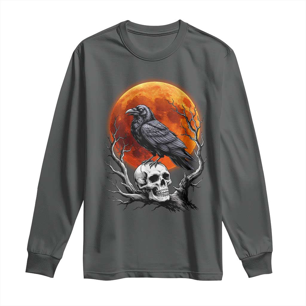 Gothic Raven on Skull Blood Moon Long Sleeve Shirt Spooky Halloween Macabre Dark Art Graphic