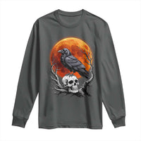 Gothic Raven on Skull Blood Moon Long Sleeve Shirt Spooky Halloween Macabre Dark Art Graphic