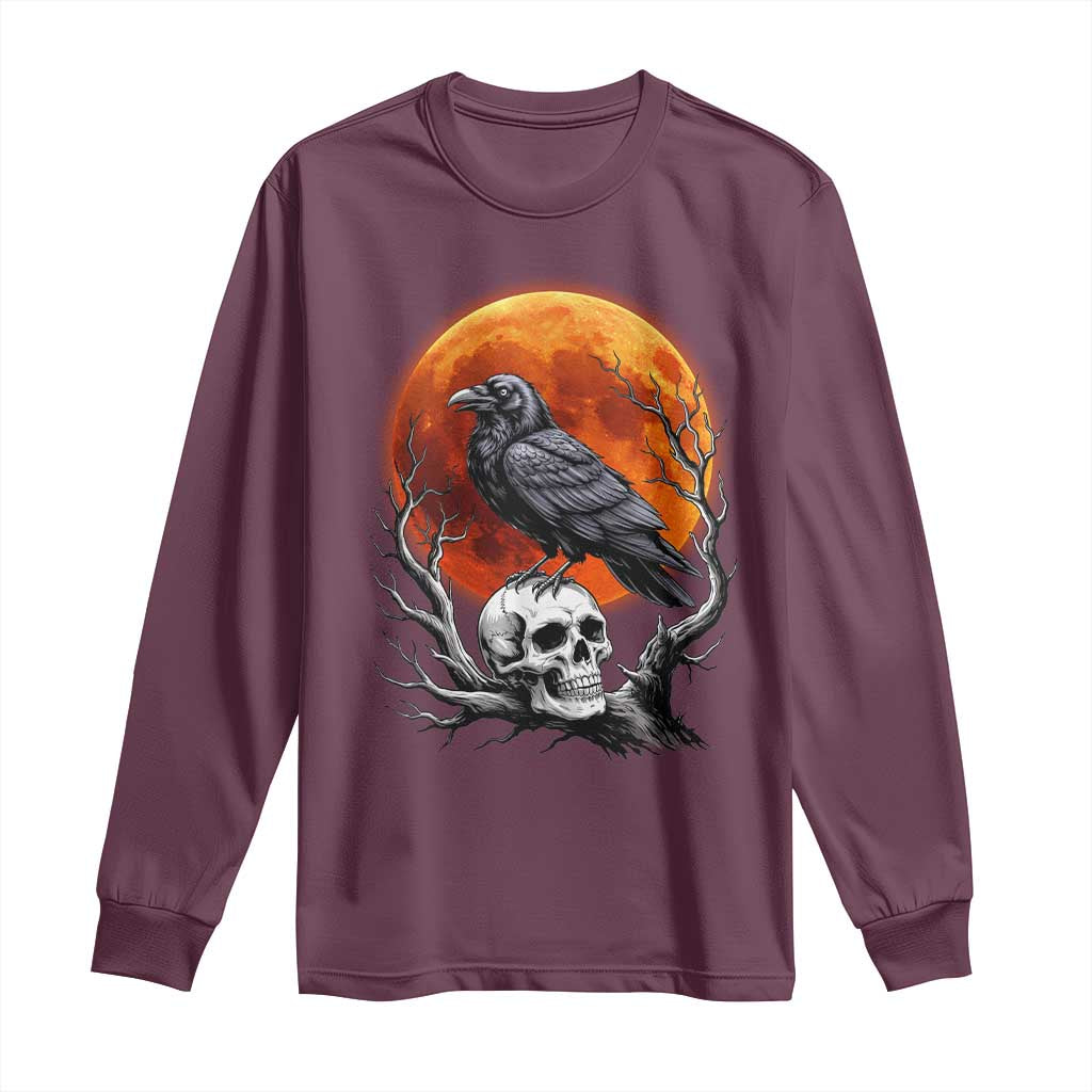 Gothic Raven on Skull Blood Moon Long Sleeve Shirt Spooky Halloween Macabre Dark Art Graphic