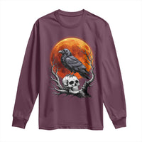 Gothic Raven on Skull Blood Moon Long Sleeve Shirt Spooky Halloween Macabre Dark Art Graphic