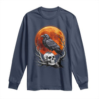 Gothic Raven on Skull Blood Moon Long Sleeve Shirt Spooky Halloween Macabre Dark Art Graphic