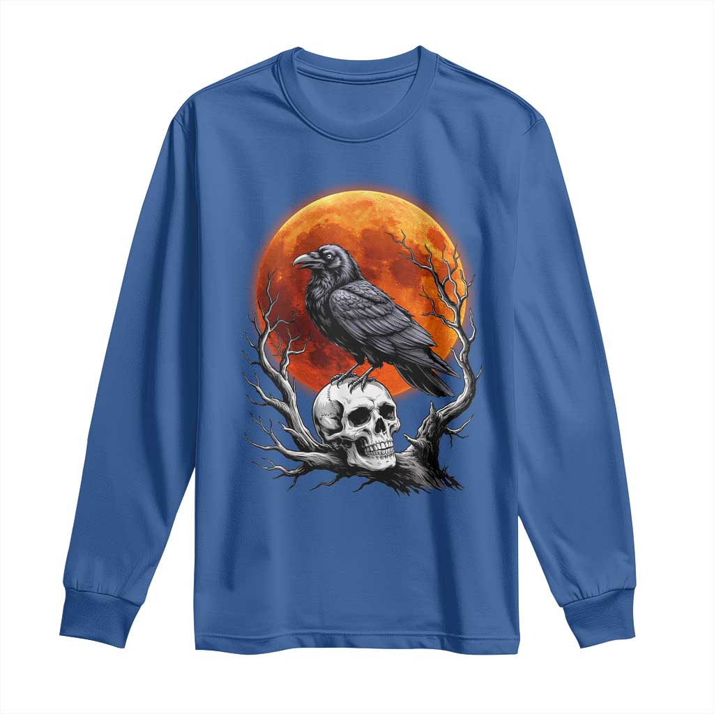 Gothic Raven on Skull Blood Moon Long Sleeve Shirt Spooky Halloween Macabre Dark Art Graphic