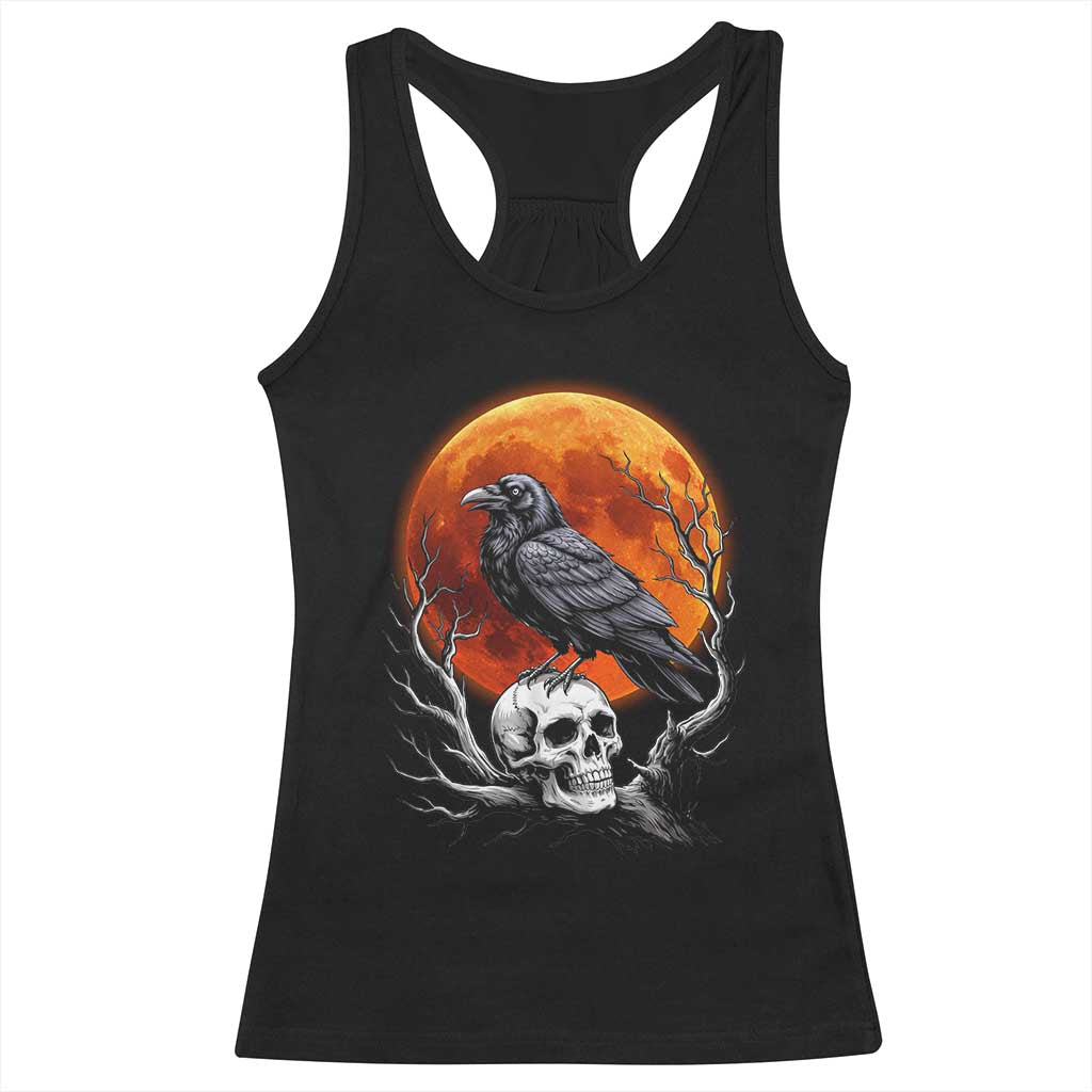 Gothic Raven on Skull Blood Moon Racerback Tank Top Spooky Halloween Macabre Dark Art Graphic