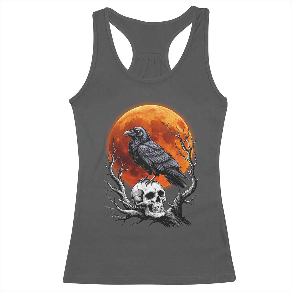 Gothic Raven on Skull Blood Moon Racerback Tank Top Spooky Halloween Macabre Dark Art Graphic