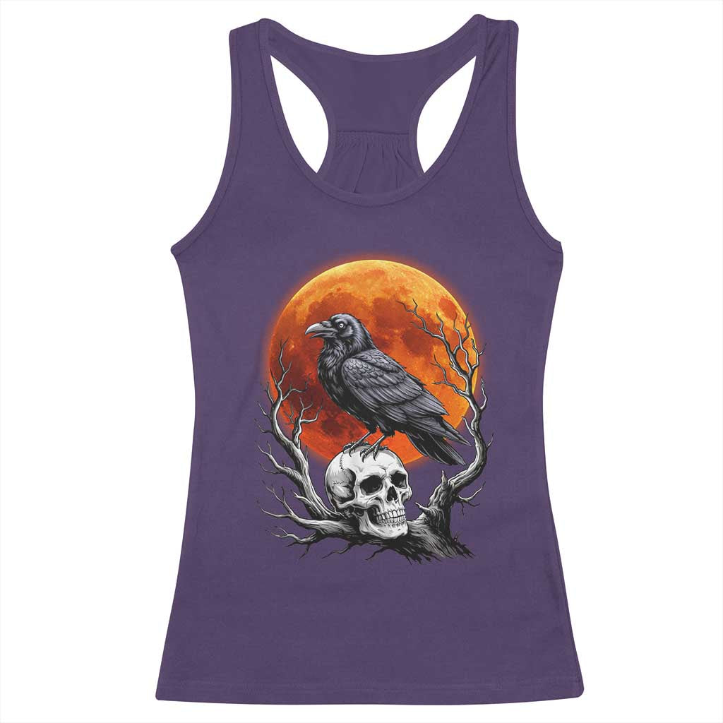 Gothic Raven on Skull Blood Moon Racerback Tank Top Spooky Halloween Macabre Dark Art Graphic