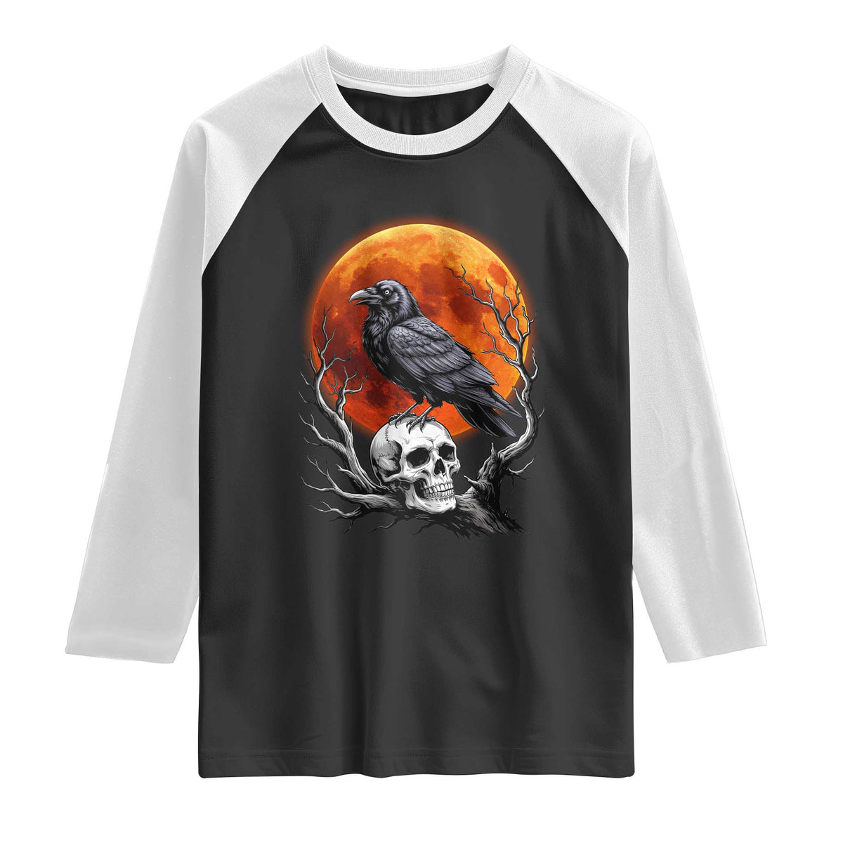 Gothic Raven on Skull Blood Moon Raglan Shirt Spooky Halloween Macabre Dark Art Graphic