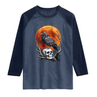 Gothic Raven on Skull Blood Moon Raglan Shirt Spooky Halloween Macabre Dark Art Graphic
