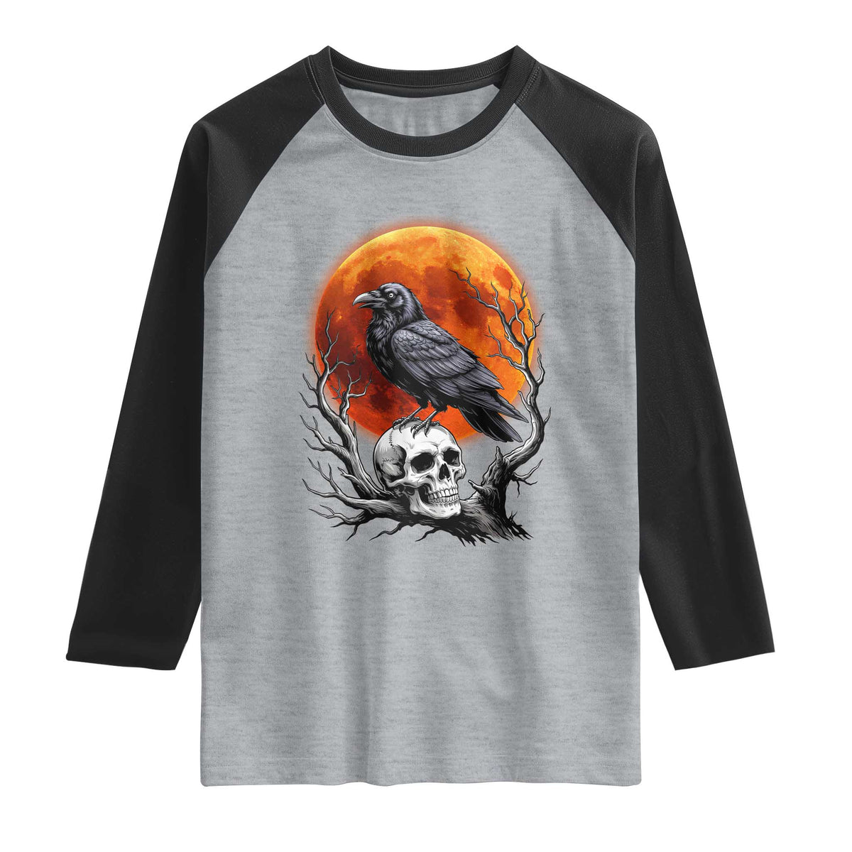 Gothic Raven on Skull Blood Moon Raglan Shirt Spooky Halloween Macabre Dark Art Graphic