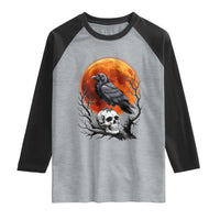 Gothic Raven on Skull Blood Moon Raglan Shirt Spooky Halloween Macabre Dark Art Graphic