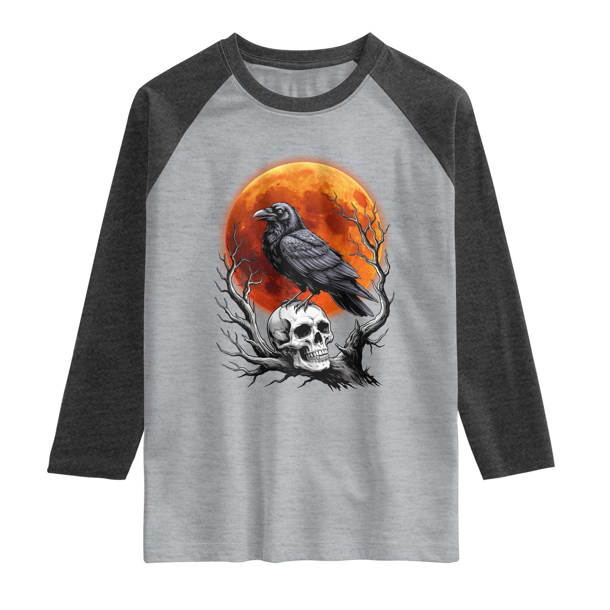 Gothic Raven on Skull Blood Moon Raglan Shirt Spooky Halloween Macabre Dark Art Graphic