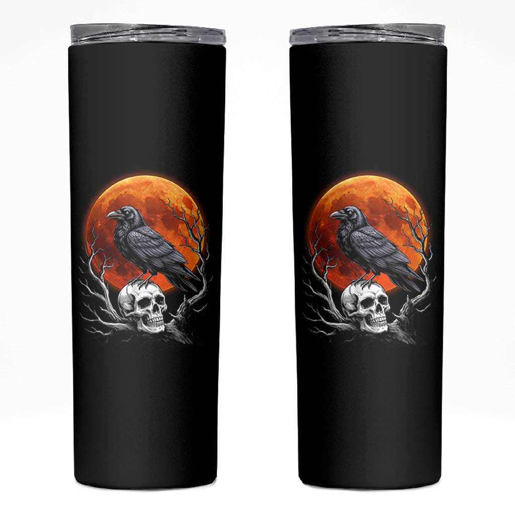 Gothic Raven on Skull Blood Moon Skinny Tumbler Spooky Halloween Macabre Dark Art Graphic