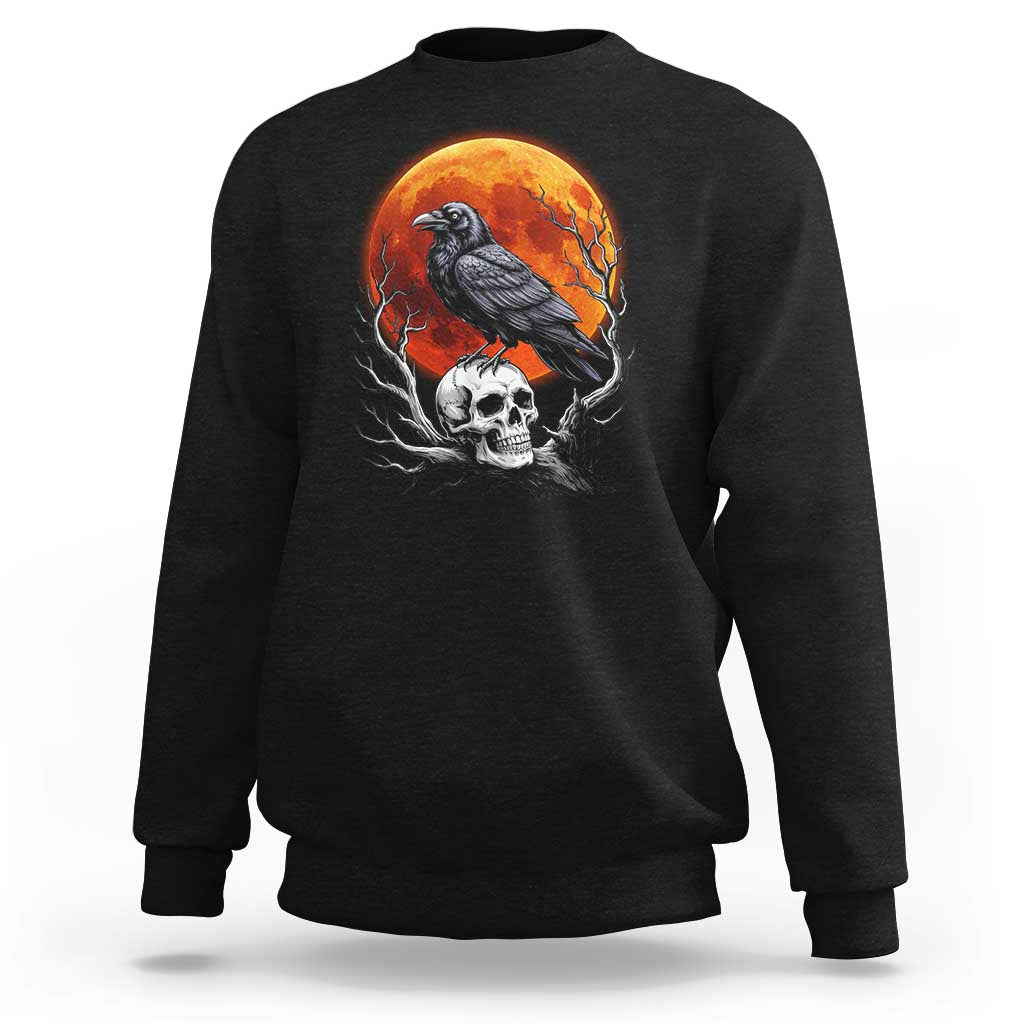 Gothic Raven on Skull Blood Moon Sweatshirt Spooky Halloween Macabre Dark Art Graphic